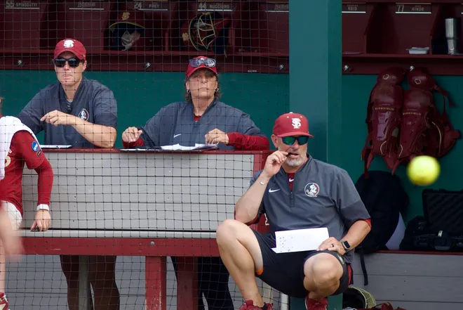 Florida State softball head coach Lonni Alameda watches a pitch against Stetson in the NCAA Tallahassee regional on Saturday, May 16, 2026.