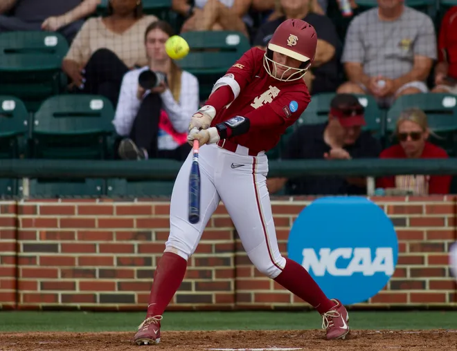 Florida State softball’s Shelby Mackenzie hits a foul ball against Stetson in the NCAA Tallahassee Regional on Saturday, May 16, 2026.