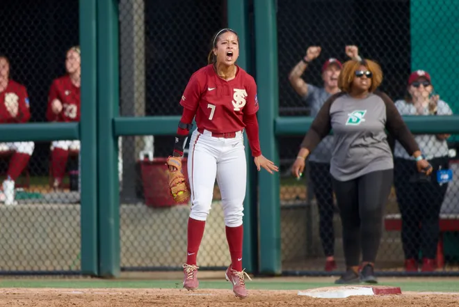 Florida State softball’s Angelee Bueno celebrates an out against Stetson in the NCAA Tallahassee regional on Saturday, May 16, 2026.