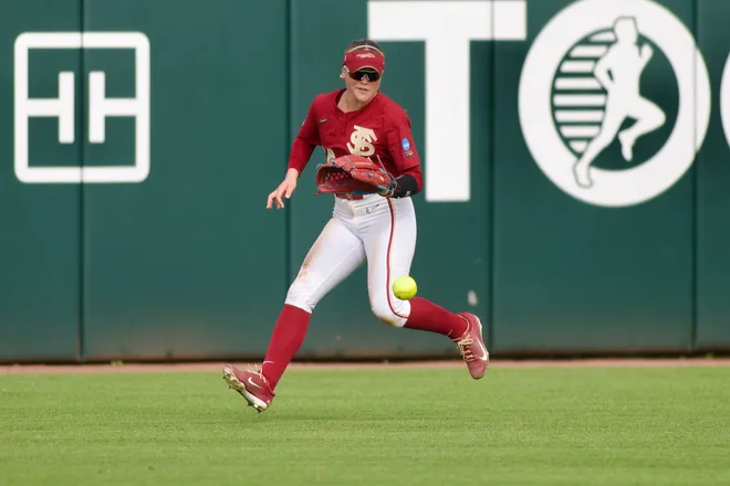 Florida State softball’s Bella Ruggiero fields a ball against Stetson in the NCAA Tallahassee regional on Saturday, May 16, 2026.