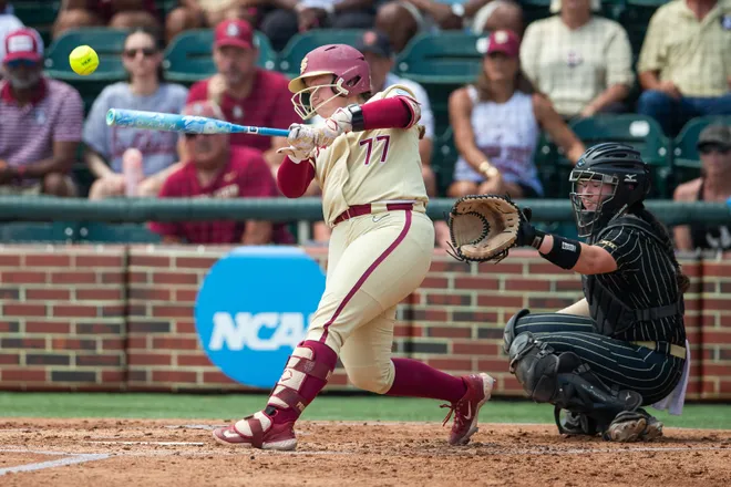 Florida State Seminoles Anna Hinde (77) makes contact with the pitch. The Florida State Seminoles defeated the UCF Knights 2-1 on Sunday, May 17, 2026. The teams must play one more game to determine the NCAA Tallahassee regional winner.