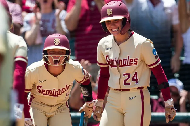 Florida State Seminoles utility player Makenna Sturgis (6) and catcher Madi Frey (24) celebrate their teammate’s home run. The Florida State Seminoles defeated the UCF Knights 2-1 on Sunday, May 17, 2026. The teams must play one more game to determine the NCAA Tallahassee regional winner.