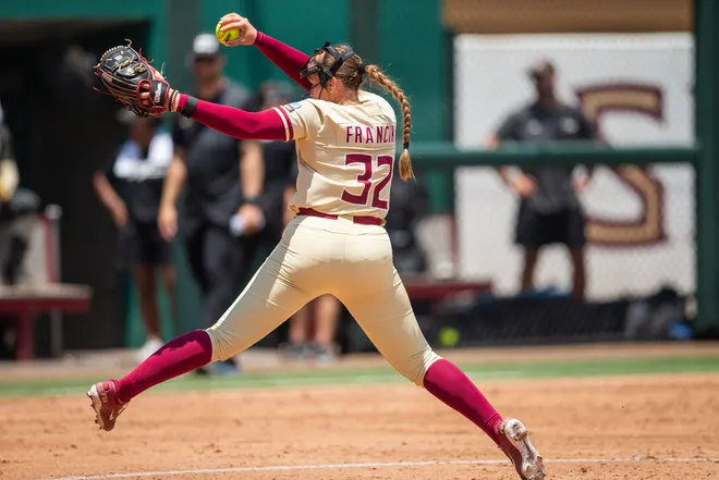 Florida State Seminoles pitcher Jazzy Francik (32) winds up to pitch. The Florida State Seminoles defeated the UCF Knights 2-1 on Sunday, May 17, 2026. The teams must play one more game to determine the NCAA Tallahassee regional winner.