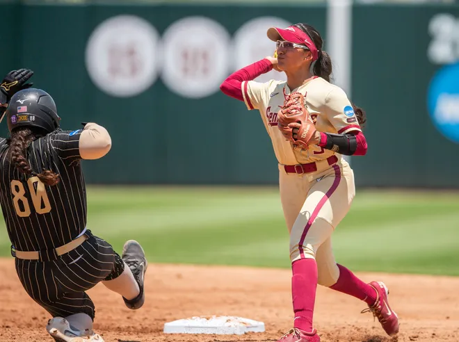 Florida State Seminoles infielder Isa Torres (3) gets the out at second and throws to first. The Florida State Seminoles defeated the UCF Knights 2-1 on Sunday, May 17, 2026. The teams must play one more game to determine the NCAA Tallahassee regional winner.
