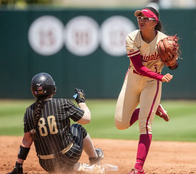 Florida State Seminoles infielder Isa Torres (3) gets the out at second and throws to first. The Florida State Seminoles defeated the UCF Knights 2-1 on Sunday, May 17, 2026. The teams must play one more game to determine the NCAA Tallahassee regional winner.