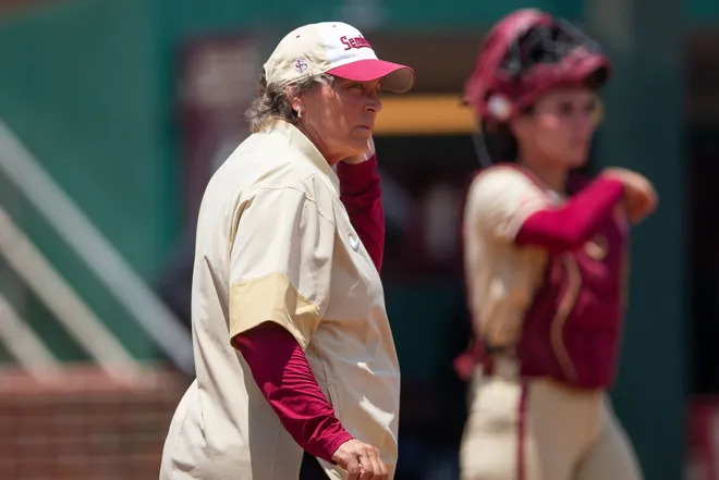 Florida State Seminoles head coach Lonni Alameda heads onto the field to talk to her players. The Florida State Seminoles defeated the UCF Knights 2-1 on Sunday, May 17, 2026. The teams must play one more game to determine the NCAA Tallahassee regional winner.