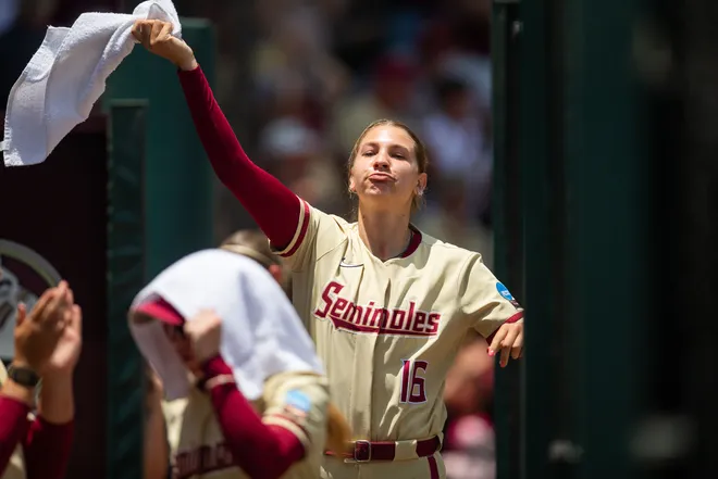 Florida State Seminoles utility player Avery Dockery (16) celebrates her teammate’s homer run. The Florida State Seminoles defeated the UCF Knights 2-1 on Sunday, May 17, 2026. The teams must play one more game to determine the NCAA Tallahassee regional winner.