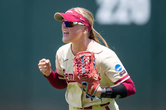 Florida State Seminoles outfielder Bella Dimitrijevic (44) celebrates getting the third out. The Florida State Seminoles defeated the UCF Knights 2-1 on Sunday, May 17, 2026. The teams must play one more game to determine the NCAA Tallahassee regional winner.
