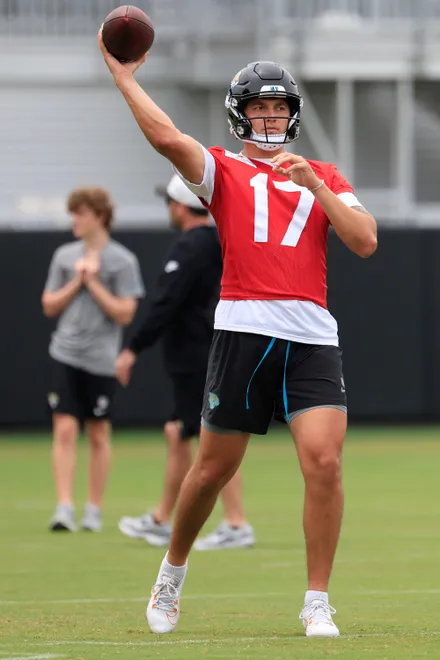 Jacksonville Jaguars quarterback Joey Aguilar (17) passes during rookie minicamp at the Miller Electric Center, Saturday, May 9, 2026 in Jacksonville, Fla. Today was the second of a three day camp concluding Sunday.