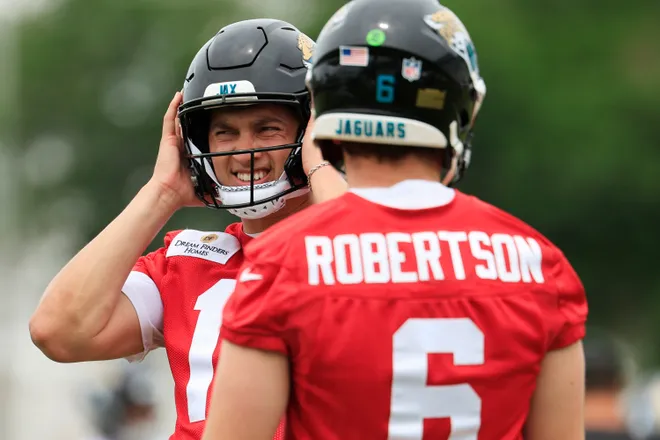 Jacksonville Jaguars quarterback Joey Aguilar (17) looks on with quarterback Derek Robertson (6) during rookie minicamp at the Miller Electric Center, Saturday, May 9, 2026 in Jacksonville, Fla. Today was the second of a three day camp concluding Sunday.