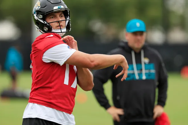 Jacksonville Jaguars quarterback Joey Aguilar (17) throws during rookie minicamp at the Miller Electric Center, Saturday, May 9, 2026 in Jacksonville, Fla. Today was the second of a three day camp concluding Sunday.