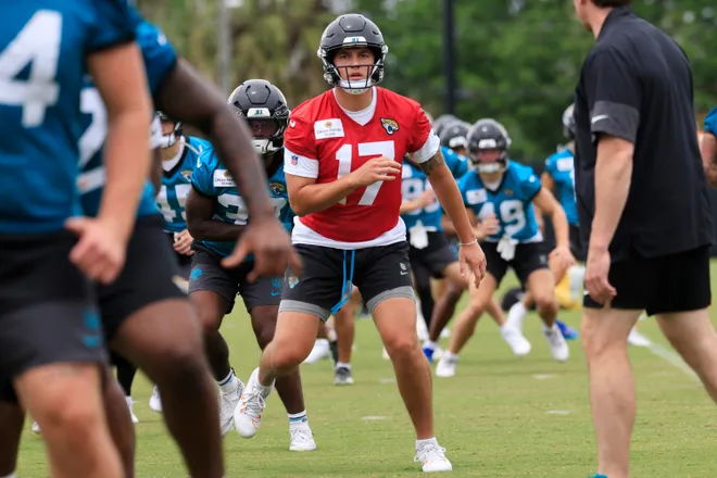 Jacksonville Jaguars quarterback Joey Aguilar (17) warms up during rookie minicamp at the Miller Electric Center, Saturday, May 9, 2026 in Jacksonville, Fla. Today was the second of a three day camp concluding Sunday.