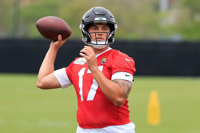 Jacksonville Jaguars quarterback Joey Aguilar (17) throws the ball during rookie minicamp at the Miller Electric Center, Saturday, May 9, 2026 in Jacksonville, Fla. Today was the second of a three day camp concluding Sunday.