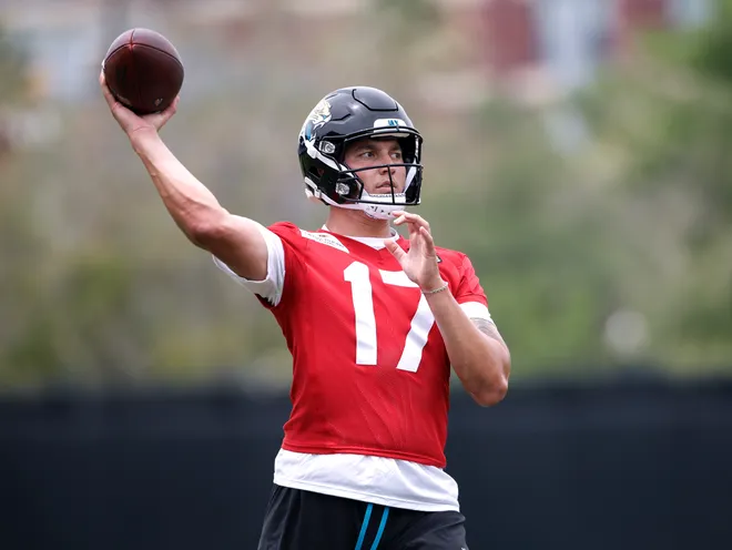 Joey Aguilar #17 of the Jacksonville Jaguars goes through workout drills during rookie mini camp at Miller Electric Center on May 9, 2026 in Jacksonville, Florida.