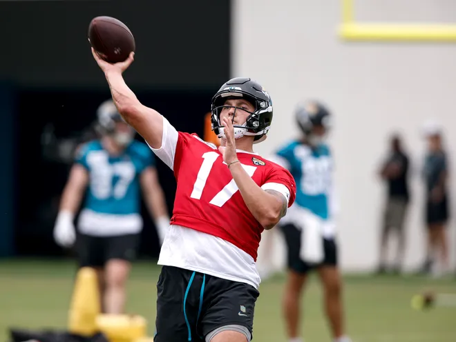 Joey Aguilar #17 of the Jacksonville Jaguars goes through workout drills during rookie mini camp at Miller Electric Center on May 9, 2026 in Jacksonville, Florida.