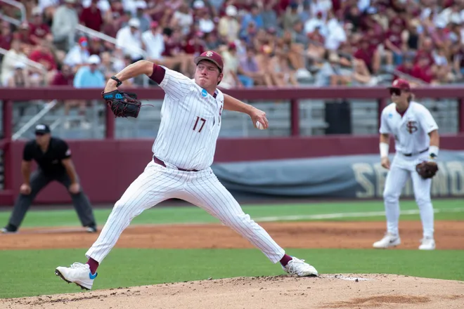 Florida State baseball competes in a first round Tallahassee Regional game against Bethune-Cookman for the NCAA College World Series at Dick Howser Stadium Friday, May 30, 2025.