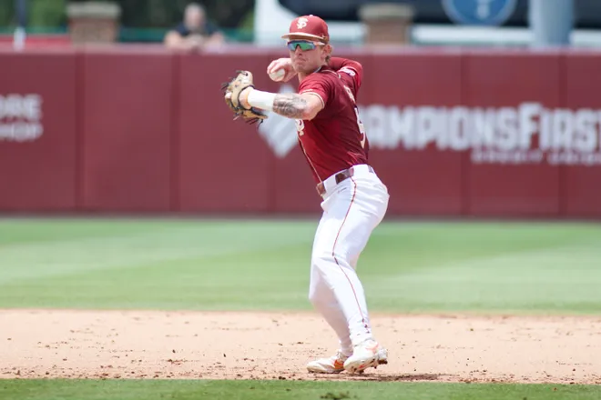 FSU baseball’s Gabe Fraser throws to first base against Coastal Carolina in the NCAA Tallahassee Regional elimination game on Saturday, May 30, 2026, at Dick Howser Stadium.
