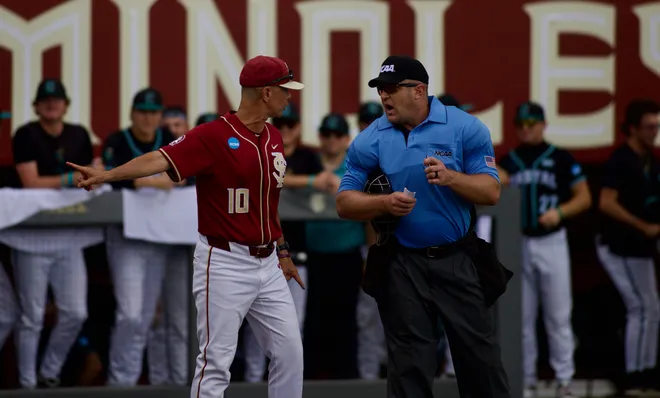 FSU baseball head coach Link Jarrett argues a call with an umpire against Coastal Carolina in the NCAA Tallahassee Regional elimination game on Saturday, May 30, 2026, at Dick Howser Stadium.