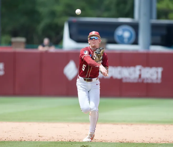 FSU baseball’s Gabe Fraser throws to first base against Coastal Carolina in the NCAA Tallahassee Regional elimination game on Saturday, May 30, 2026, at Dick Howser Stadium.