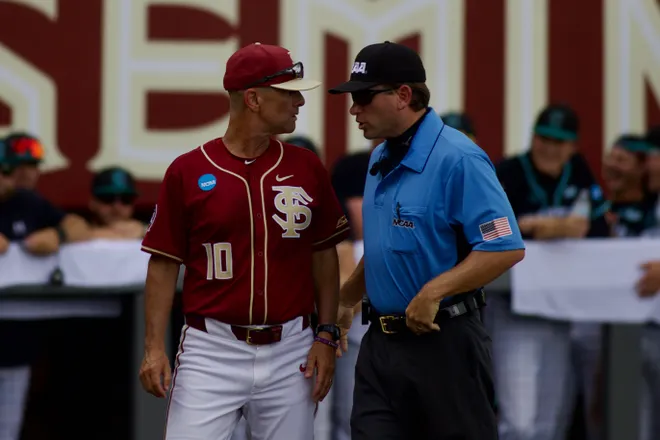 FSU baseball head coach Link Jarrett argues a call with an umpire against Coastal Carolina in the NCAA Tallahassee Regional elimination game on Saturday, May 30, 2026, at Dick Howser Stadium.