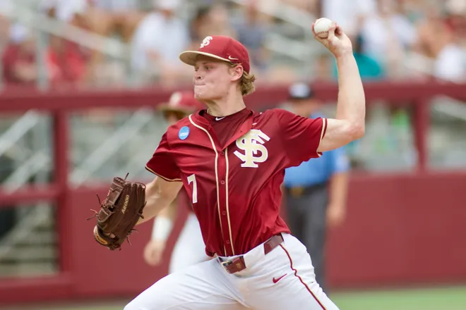 Wes Mendes throws a pitch against Coastal Carolina in the NCAA Tallahassee Regional elimination game on Saturday, May 30, 2026, at Dick Howser Stadium.
