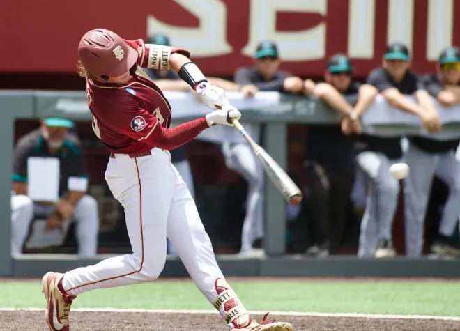 FSU baseball’s Ben Barrett hits a single against Coastal Carolina in the NCAA Tallahassee Regional elimination game on Saturday, May 30, 2026, at Dick Howser Stadium.