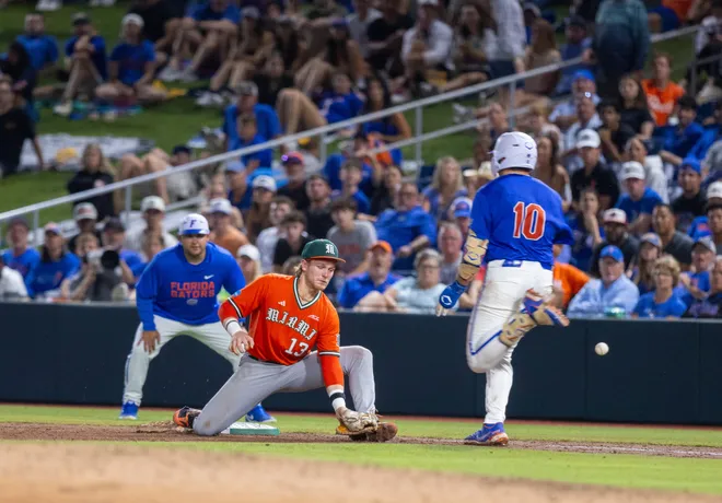 Florida's Ethan Surowiec (10) is safe at first when MiamiÃ•s Alex Sosa (13) bobbles the ball in NCAA Gainesville Regionals at Condron Family Ballpark in Gainesville, Florida, Saturday, May 30, 2026. The Gators beat the Hurricanes 22-10. [Cyndi Chambers/ Gainesville Sun] 2026