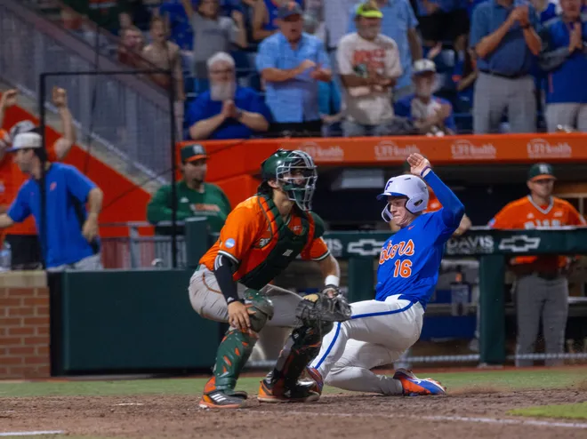 Florida's Hayden Yost (16) is safe at home in the bottom of the sixth against Miami in NCAA Gainesville Regionals at Condron Family Ballpark in Gainesville, Florida, Saturday, May 30, 2026. The Gators beat the Hurricanes 22-10. [Cyndi Chambers/ Gainesville Sun] 2026