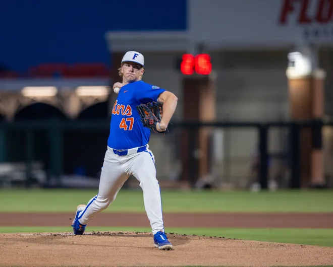 Florida's Aidan King (47) was the starter against Miami in NCAA Gainesville Regionals at Condron Family Ballpark in Gainesville, Florida, Saturday, May 30, 2026. The Gators beat the Hurricanes 22-10. [Cyndi Chambers/ Gainesville Sun] 2026