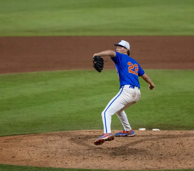 Florida's Jackson Barberi (22) pitches against Miami in NCAA Gainesville Regionals at Condron Family Ballpark in Gainesville, Florida, Saturday, May 30, 2026. The Gators beat the Hurricanes 22-10. [Cyndi Chambers/ Gainesville Sun] 2026