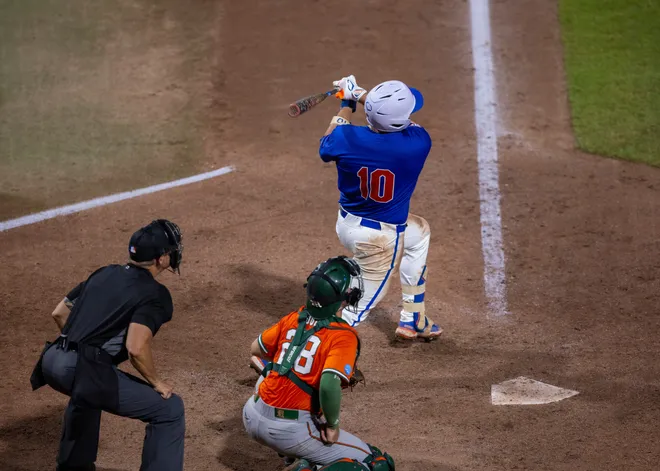 Florida's Ethan Surowiec (10) with a home run against Miami in the eighth in NCAA Gainesville Regionals at Condron Family Ballpark in Gainesville, Florida, Saturday, May 30, 2026. The Gators beat the Hurricanes 22-10. [Cyndi Chambers/ Gainesville Sun] 2026