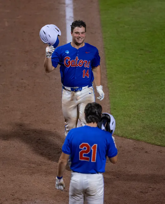 Florida's Karson Bowen (14) with the fourth home run of the inning against Miami in the eighth in NCAA Gainesville Regionals at Condron Family Ballpark in Gainesville, Florida, Saturday, May 30, 2026. The Gators beat the Hurricanes 22-10. [Cyndi Chambers/ Gainesville Sun] 2026