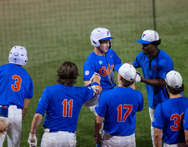 Florida's Cade Kurland (4) with his second home run of the game against Miami in NCAA Gainesville Regionals at Condron Family Ballpark in Gainesville, Florida, Saturday, May 30, 2026. The Gators beat the Hurricanes 22-10. [Cyndi Chambers/ Gainesville Sun] 2026
