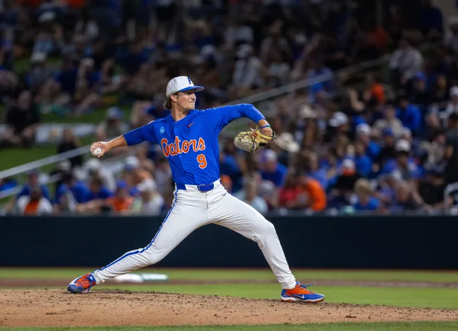 Florida's Luke McNeillie (9) comes into the game against Miami in NCAA Gainesville Regionals at Condron Family Ballpark in Gainesville, Florida, Saturday, May 30, 2026. The Gators beat the Hurricanes 22-10. [Cyndi Chambers/ Gainesville Sun] 2026