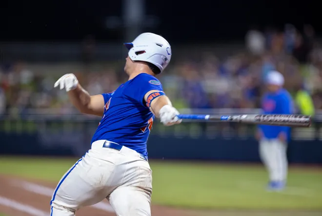 Florida's Karson Bowen (14)] with a line drive homer in the bottom of the third against Miami in NCAA Gainesville Regionals at Condron Family Ballpark in Gainesville, Florida, Saturday, May 30, 2026. The Gators beat the Hurricanes 22-10. [Cyndi Chambers/ Gainesville Sun] 2026