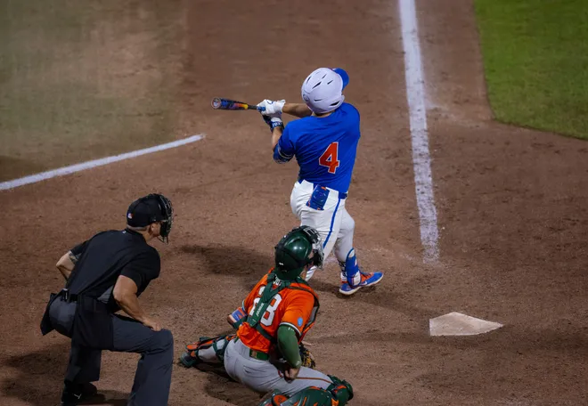 Florida's Cade Kurland (4) with his second home run of the game against Miami in NCAA Gainesville Regionals at Condron Family Ballpark in Gainesville, Florida, Saturday, May 30, 2026. The Gators beat the Hurricanes 22-10. [Cyndi Chambers/ Gainesville Sun] 2026