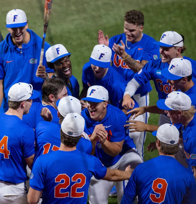 Florida's Ethan Surowiec (10) with a home run against Miami in the eighth in NCAA Gainesville Regionals at Condron Family Ballpark in Gainesville, Florida, Saturday, May 30, 2026. The Gators beat the Hurricanes 22-10. [Cyndi Chambers/ Gainesville Sun] 2026