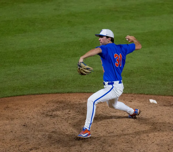 Florida's Ricky Reeth (31) is the closer against Miami in NCAA Gainesville Regionals at Condron Family Ballpark in Gainesville, Florida, Saturday, May 30, 2026. The Gators beat the Hurricanes 22-10. [Cyndi Chambers/ Gainesville Sun] 2026