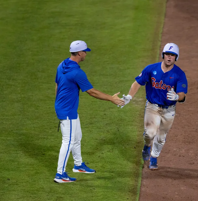 Florida's Karson Bowen (14) with the fourth home run of the inning against Miami in the eighth in NCAA Gainesville Regionals at Condron Family Ballpark in Gainesville, Florida, Saturday, May 30, 2026. The Gators beat the Hurricanes 22-10. [Cyndi Chambers/ Gainesville Sun] 2026
