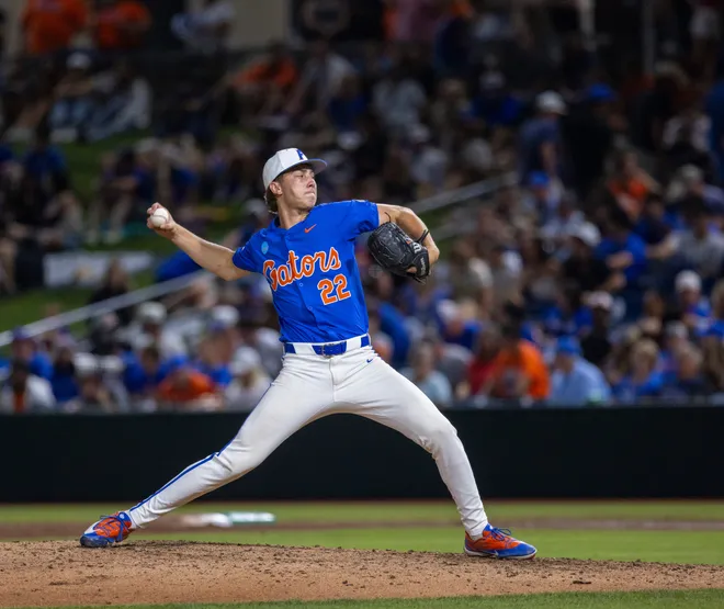 Florida's Jackson Barberi (22) comes into the game in the fifth inning against Miami in NCAA Gainesville Regionals at Condron Family Ballpark in Gainesville, Florida, Saturday, May 30, 2026. The Gators beat the Hurricanes 22-10. [Cyndi Chambers/ Gainesville Sun] 2026