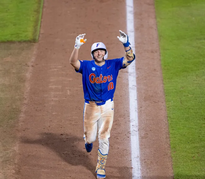 Florida's Ethan Surowiec (10) with a home run against Miami in the eighth in NCAA Gainesville Regionals at Condron Family Ballpark in Gainesville, Florida, Saturday, May 30, 2026. The Gators beat the Hurricanes 22-10. [Cyndi Chambers/ Gainesville Sun] 2026