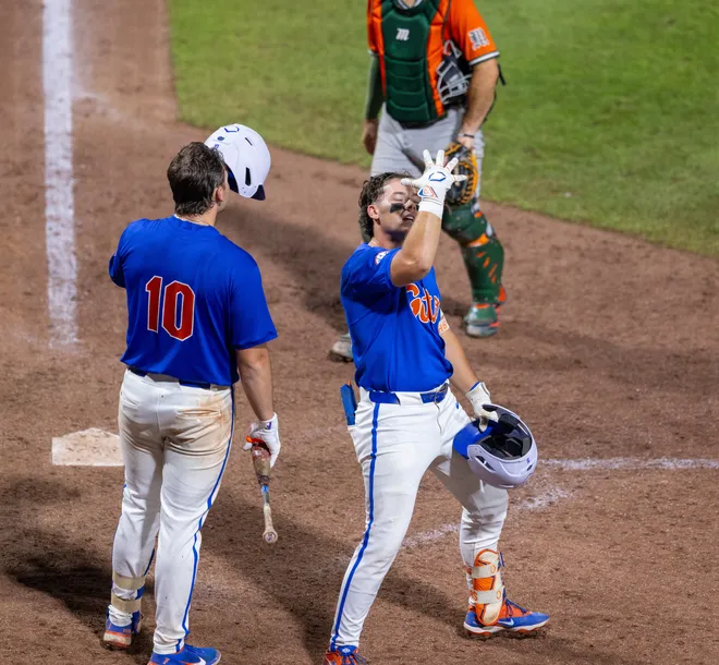 Florida's Blake Cyr (5) celebrates his homer against Miami in NCAA Gainesville Regionals at Condron Family Ballpark in Gainesville, Florida, Saturday, May 30, 2026. The Gators beat the Hurricanes 22-10. [Cyndi Chambers/ Gainesville Sun] 2026
