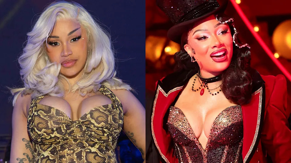 Cardi B in a snake-pattern dress, Megan Thee Stallion in a sparkly red and black circus-themed costume.