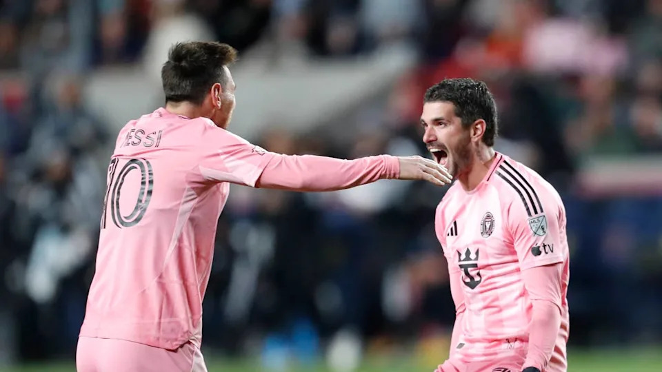 <a class="link " href="https://sports.yahoo.com/soccer/players/415357/" data-i13n="sec:content-canvas;subsec:anchor_text;elm:context_link" data-ylk="slk:Rodrigo De Paul;sec:content-canvas;subsec:anchor_text;elm:context_link;itc:0" data-yga="{"yLinkElement":"context_link","yModuleName":"content-canvas","yLinkText":"Rodrigo De Paul","ySubModuleName":"anchor_text","yHasCommerce":false}">Rodrigo De Paul</a> #7 of Inter Miami CF celebrates with teammate <a class="link " href="https://sports.yahoo.com/soccer/players/372884/" data-i13n="sec:content-canvas;subsec:anchor_text;elm:context_link" data-ylk="slk:Lionel Messi;sec:content-canvas;subsec:anchor_text;elm:context_link;itc:0" data-yga="{"yLinkElement":"context_link","yModuleName":"content-canvas","yLinkText":"Lionel Messi","ySubModuleName":"anchor_text","yHasCommerce":false}">Lionel Messi</a> #10 after scoring the team's first goal during the MLS match between <a class="link " href="https://sports.yahoo.com/soccer/teams/salt-lake/" data-i13n="sec:content-canvas;subsec:anchor_text;elm:context_link" data-ylk="slk:Real Salt Lake;sec:content-canvas;subsec:anchor_text;elm:context_link;itc:0" data-yga="{"yLinkElement":"context_link","yModuleName":"content-canvas","yLinkText":"Real Salt Lake","ySubModuleName":"anchor_text","yHasCommerce":false}">Real Salt Lake</a> and Inter Miami CF.Photo by Chris Gardner&sol;Getty Images