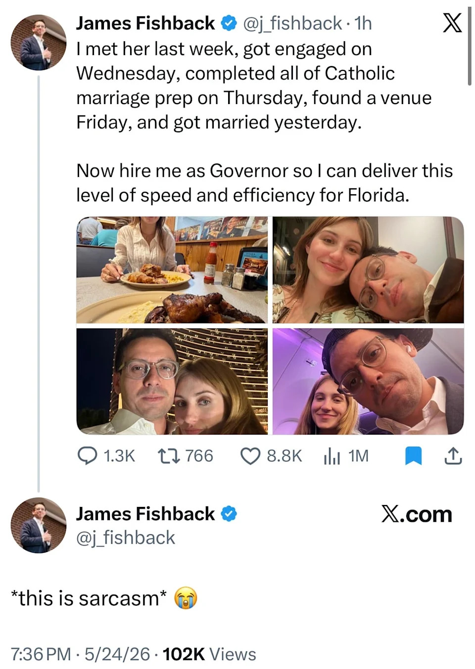 The candidate offered up an explanation for his quick-turn wedding before dismissing it as a joke. / James Fishback/X