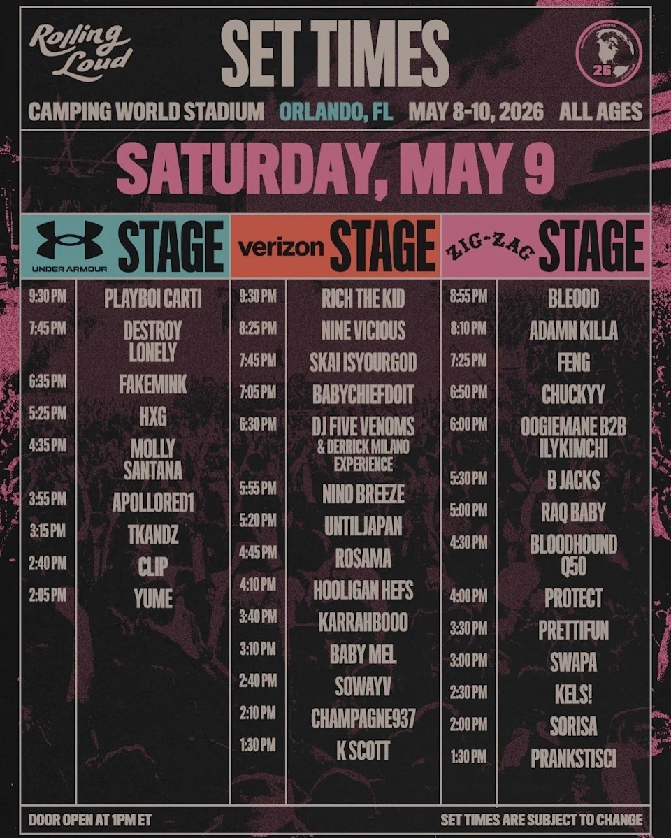 Set times for Rolling Loud at Camping World Stadium, Orlando, FL, on Saturday, May 9, 2026. Artists include Playboi Carti and Rich The Kid.