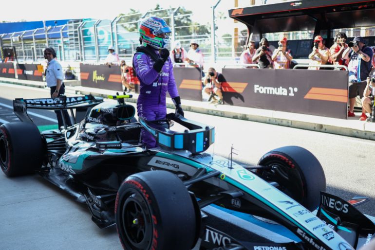 Mercedes' Italian driver Kimi Antonelli celebrates after winning the pole position during the qualifying session for the 2026 Miami Formula One Grand Prix at Miami International Autodrome in Miami Gardens, Florida, on May 2, 2026. (Photo by CHARLY TRIBALLEAU / AFP)