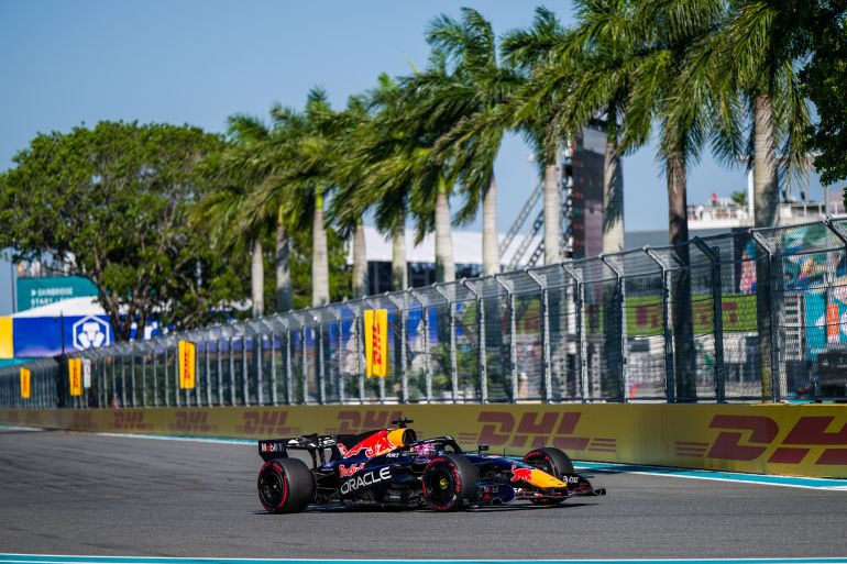 Red Bull driver Max Verstappen of the Netherlands steers his car during a qualifying session for the Miami Formula One Grand Prix auto race, Saturday, May 2, 2026, in Miami Gardens, Fla. (AP Photo/Danny Karnik)