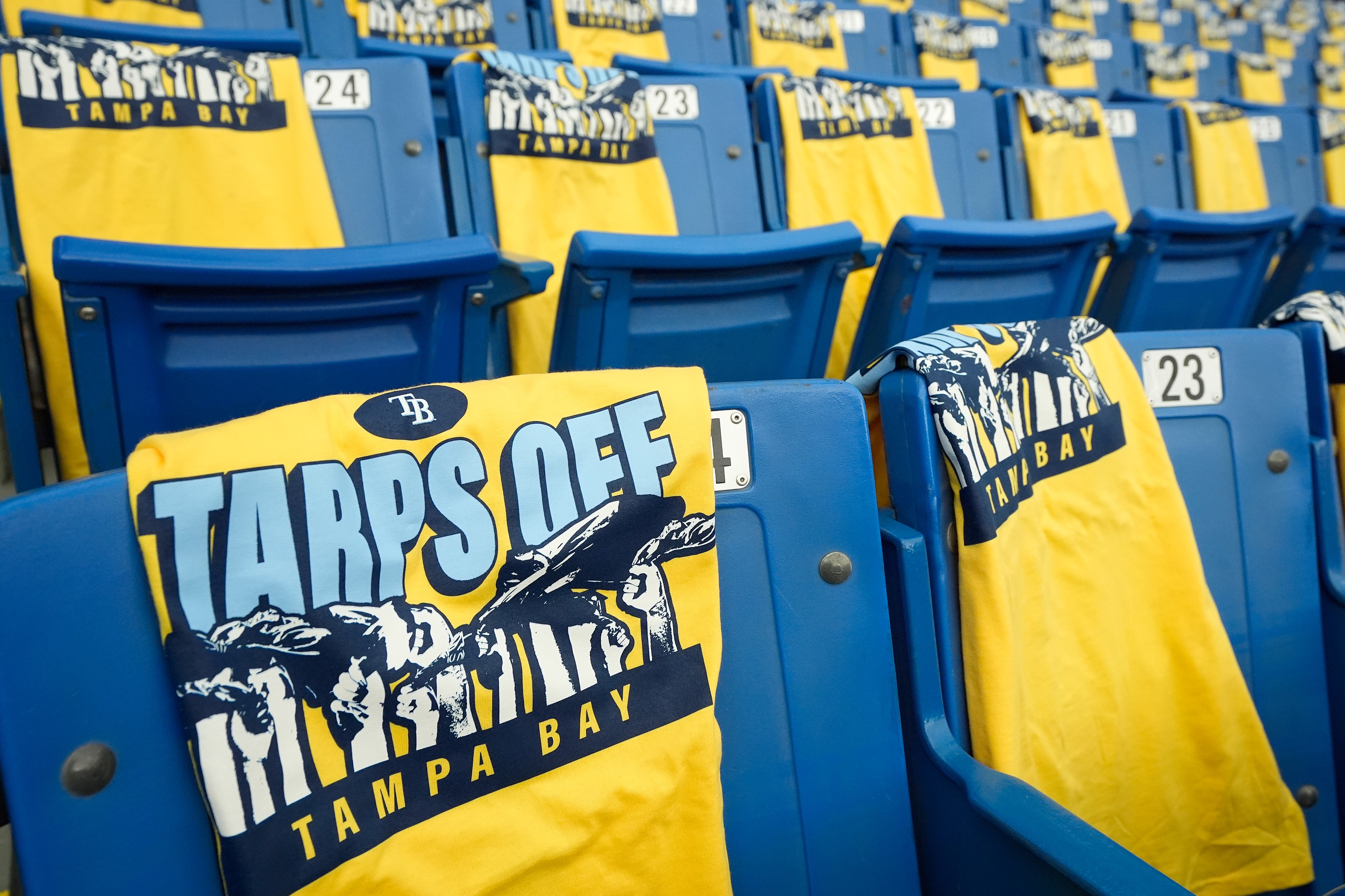Tampa Bay Rays “Tarps Off” T-shirts are shown in a...