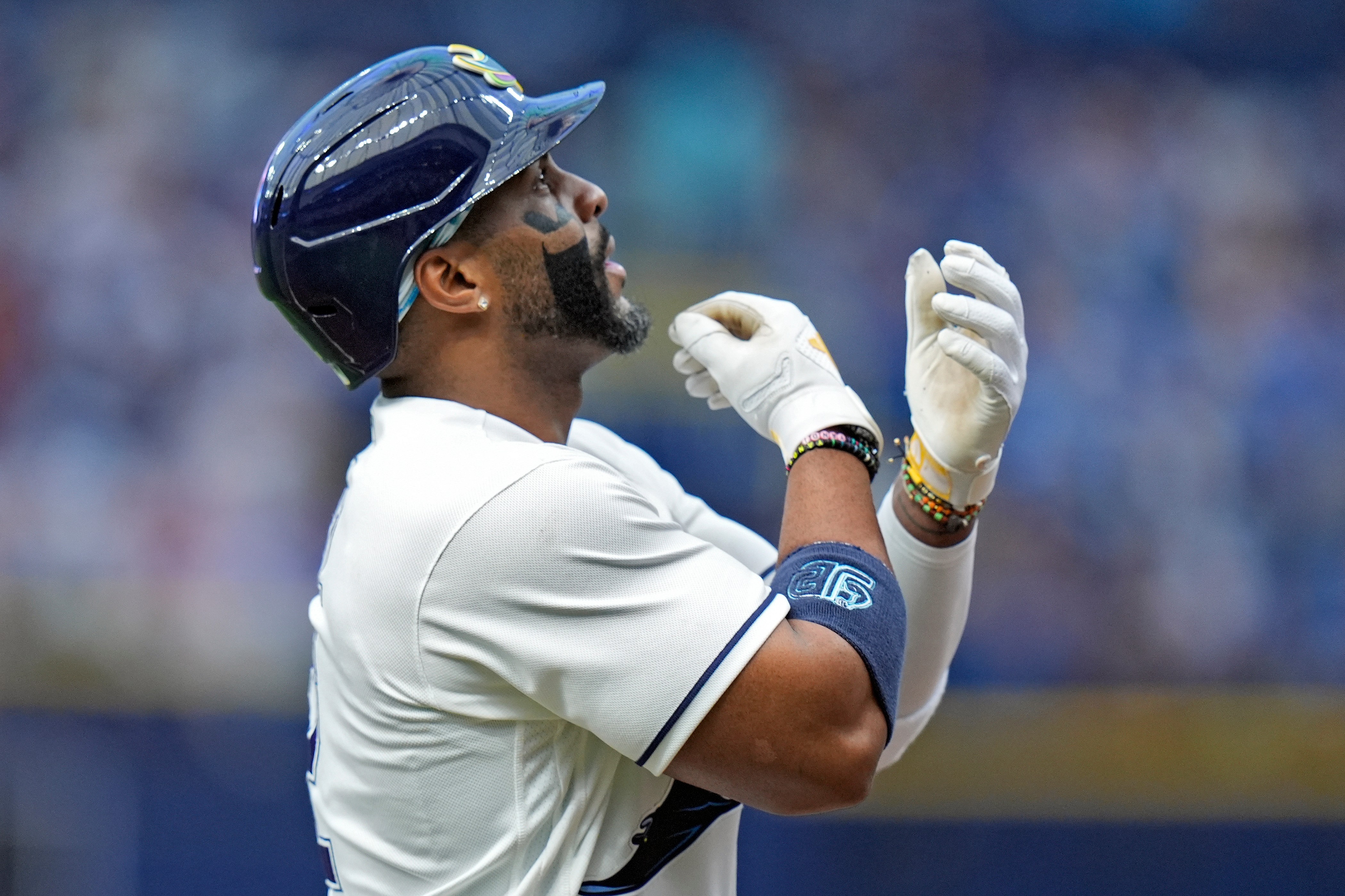 The Tampa Bay Rays’ Yandy DÃaz celebrates after hitting a...